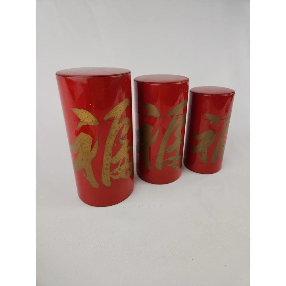 Vintage‎ Metal Nesting Canisters Set 3 Japanese Tole Tea Japan Red Hand Painted